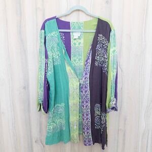 Soft Surroundings Batik Tunic Cardigan Kimono Size PXL Green‎ Purple Boho Artsy